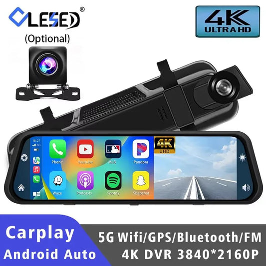 Dashcam 10" 4K GPS 5G WiFi — Rétroviseur Flux AUX Enregistreur FM