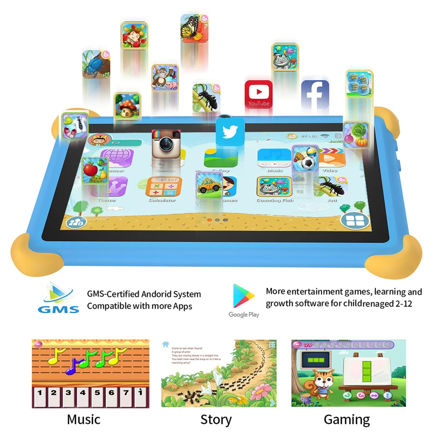 Tableta infantil de 7 pulgadas 5G con diseño de dibujos animados, PC de aprendizaje y educación Android con funda a prueba de niños, tableta de 4000 mAh