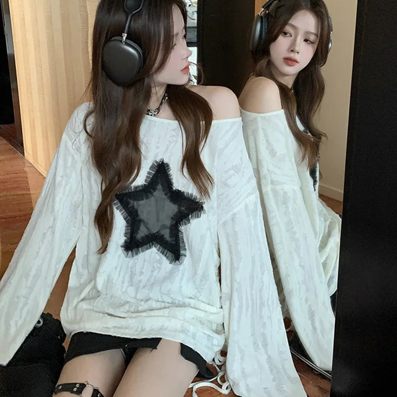 Liquidation_Harajuku trendy star hollow out long sleeve t-shirts Korean Kawaii Ropa Mujer casual Y2k t-shirt clothes