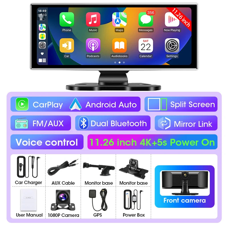 Cámara de salpicadero DVR 4K para coche, 11,26 pulgadas, doble lente, inalámbrica, Carplay y Android, grabadora de vídeo automática, monitor de navegación GPS, Wifi 5G, FM, AUX