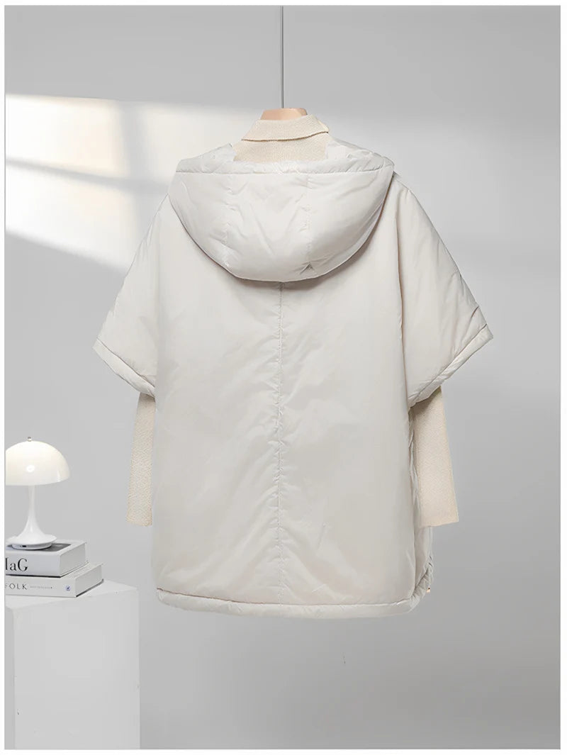 Chaleco de mujer Schinteon camel tipo capa de plumas con capucha holgado sin mangas, chaleco sólido de moda, chaqueta de otoño invierno 2025 nuevo