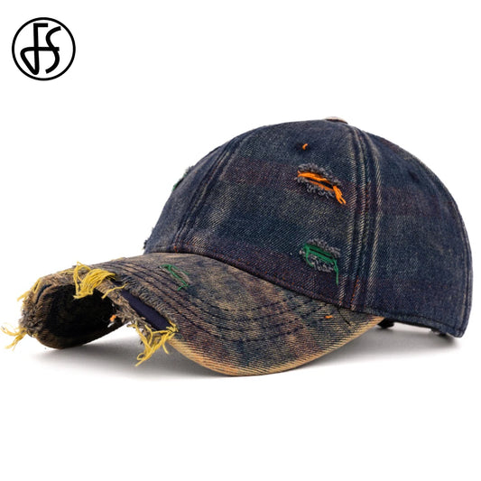 Colored Stylish FS Washed Vintage Ripped Jeans Baseball Cap for Men and Women, Blue, Brown, Streetwear, Hip Hop, Men's Cap