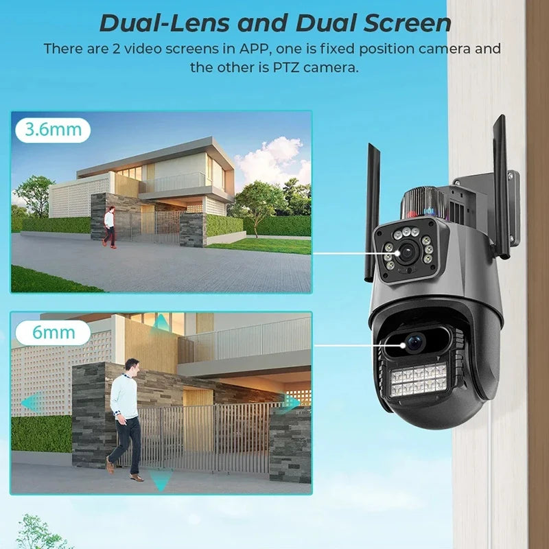 Cámara exterior Wifi PTZ 4K 8MP HD Doble lente Doble pantalla AI Seguimiento automático 4MP Videovigilancia Alarma de luz de policía iCSee