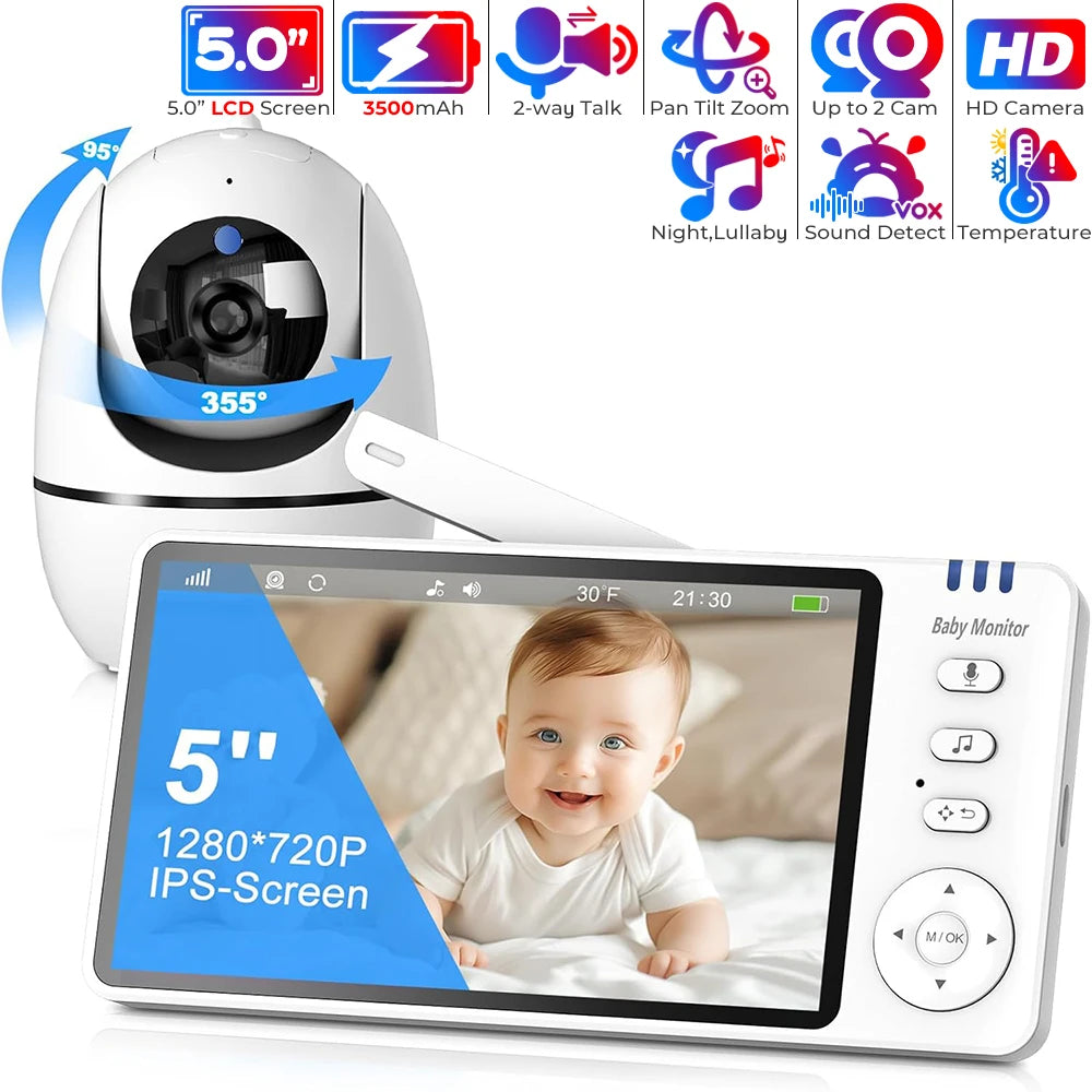 Vigilabebés con video HD inalámbrico, 5", cámara con función de giro/inclinación y zoom, audio bidireccional, visión nocturna, para bebé, niñera, canguro