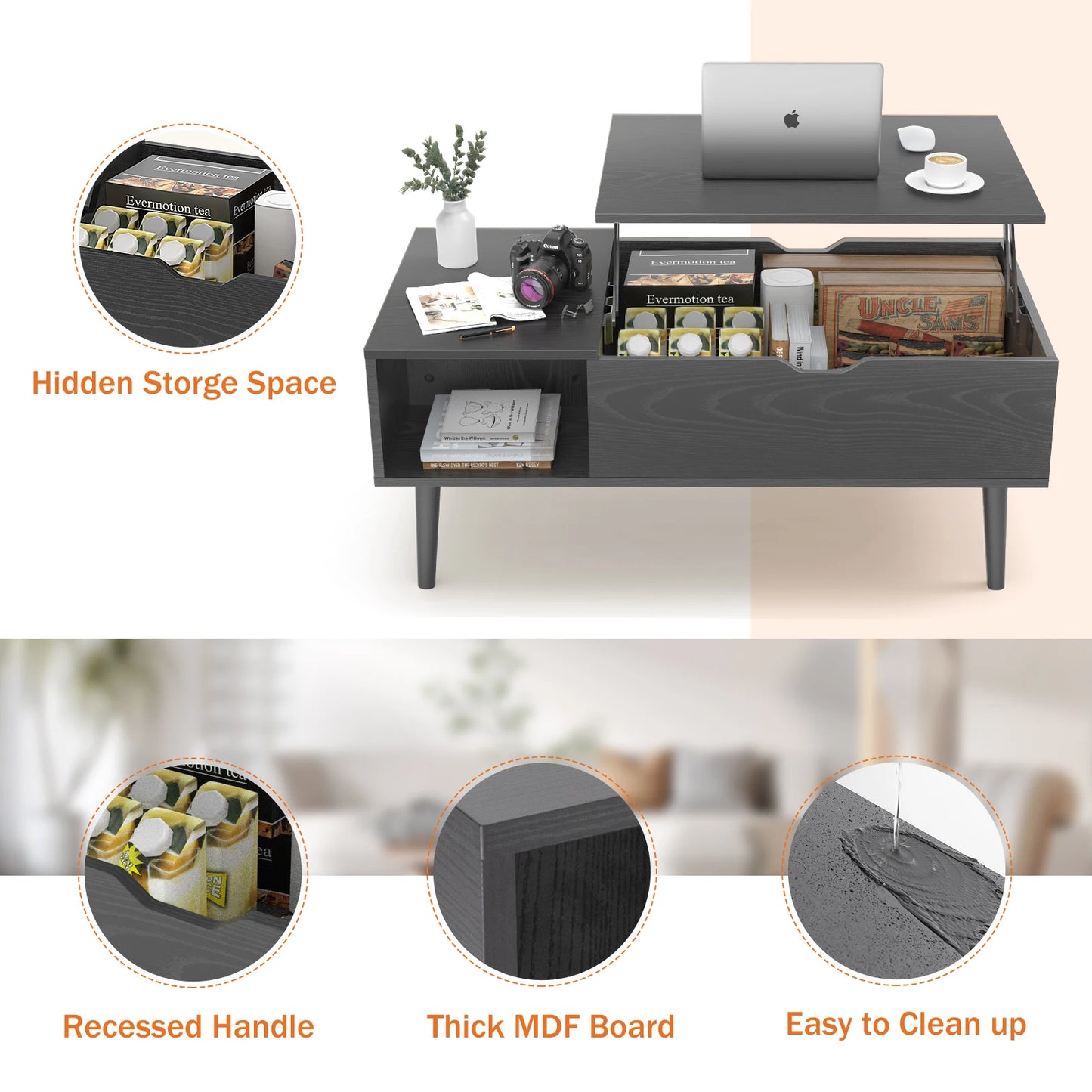 JHK Mesas de centro elevables para salón de 39.37"x 19.7" Mesa de comedor de madera, estante de almacenamiento ajustable, fácil de subir o bajar