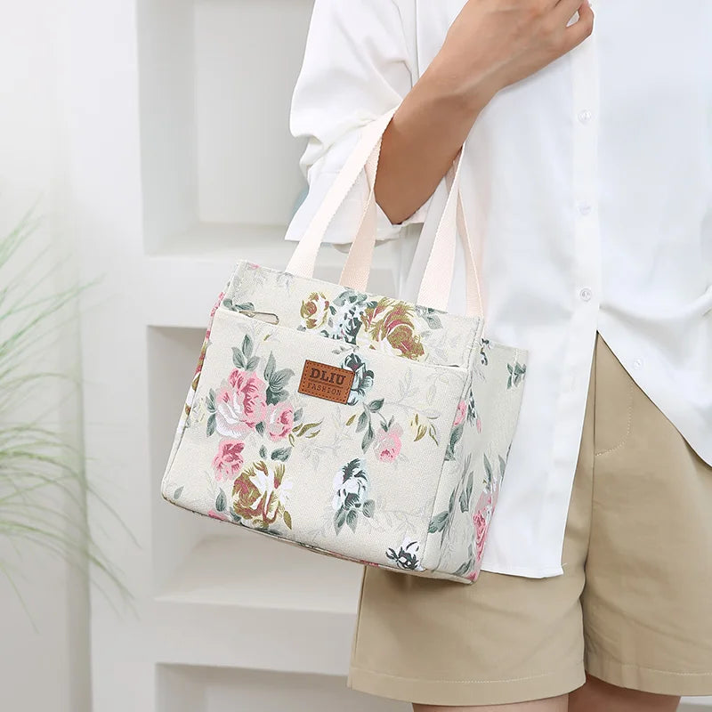 Bolsa de almuerzo estética con estampado floral, bolsa bento aislada de gran capacidad, bolsa térmica para la escuela, el trabajo, los viajes y pícnic