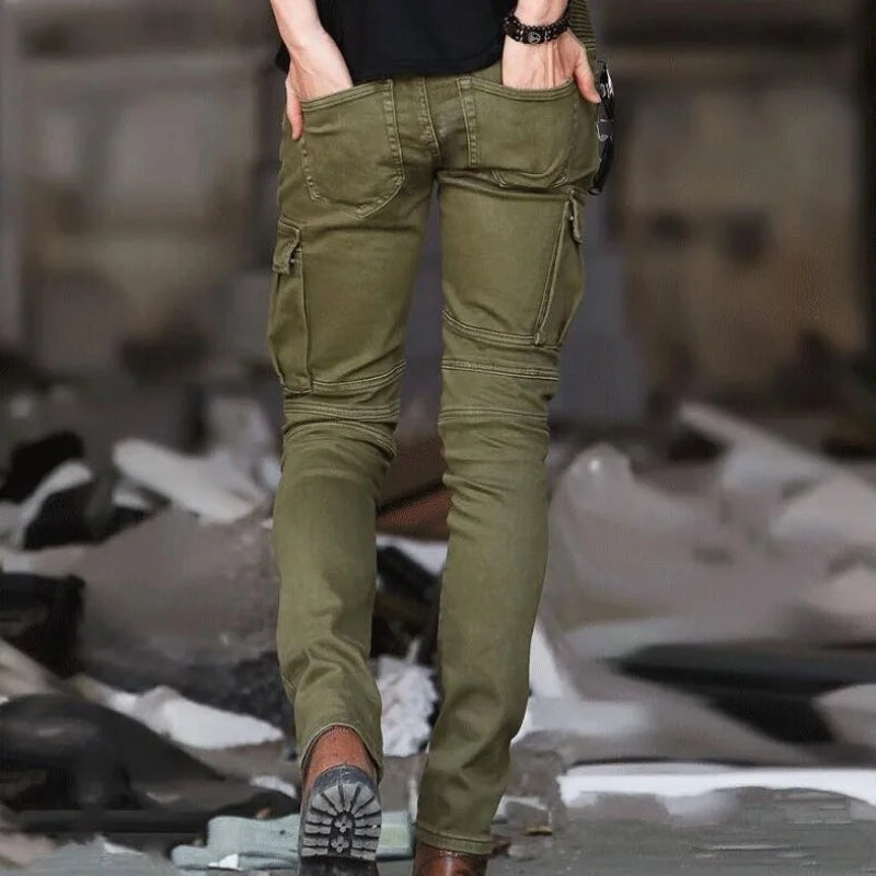 Jean Motard Denim Vert Homme — Slim Élastique Hip Hop Militaire Cargo