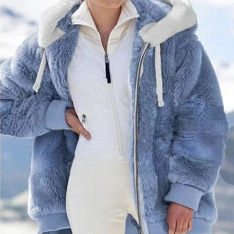 Abrigo de invierno para mujer 2025, chaqueta de mujer con cremallera y capucha, empalmado, cachemira gruesa, chaqueta de mujer, costura a cuadros, abrigos de mujer