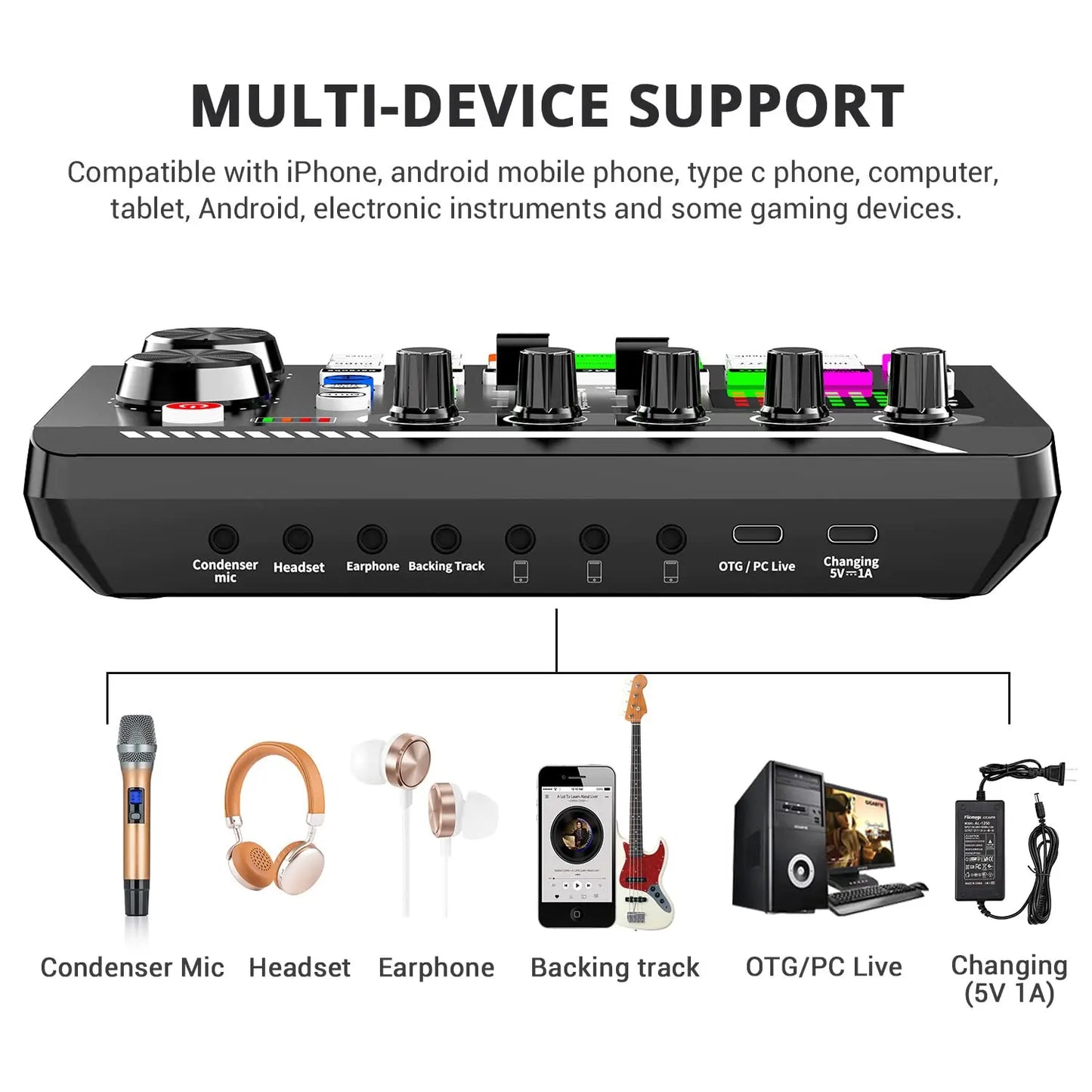 F998 — Kit Studio Podcast Complet Carte Son, Microphone & Mélangeur