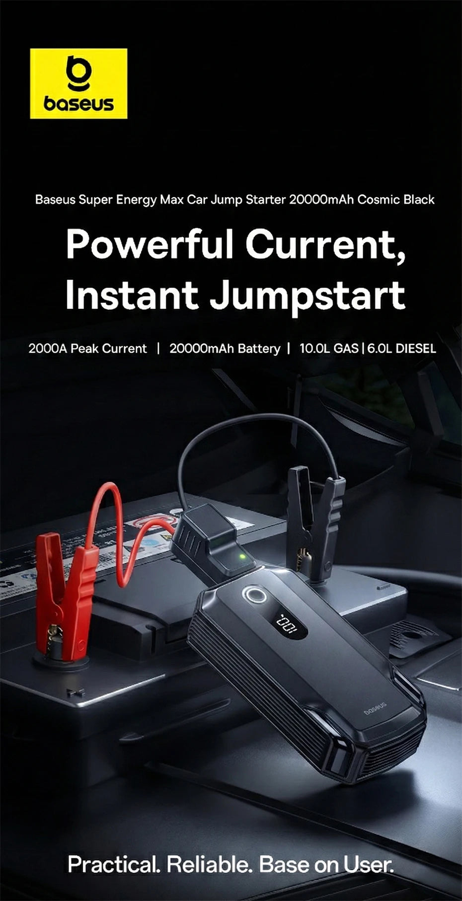 Baseus 20000mAh démarreur de saut de voiture batterie externe 2000A 20000mAh chargeur de batterie de voiture Auto Booster d'urgence dispositif de démarrage démarrage de saut