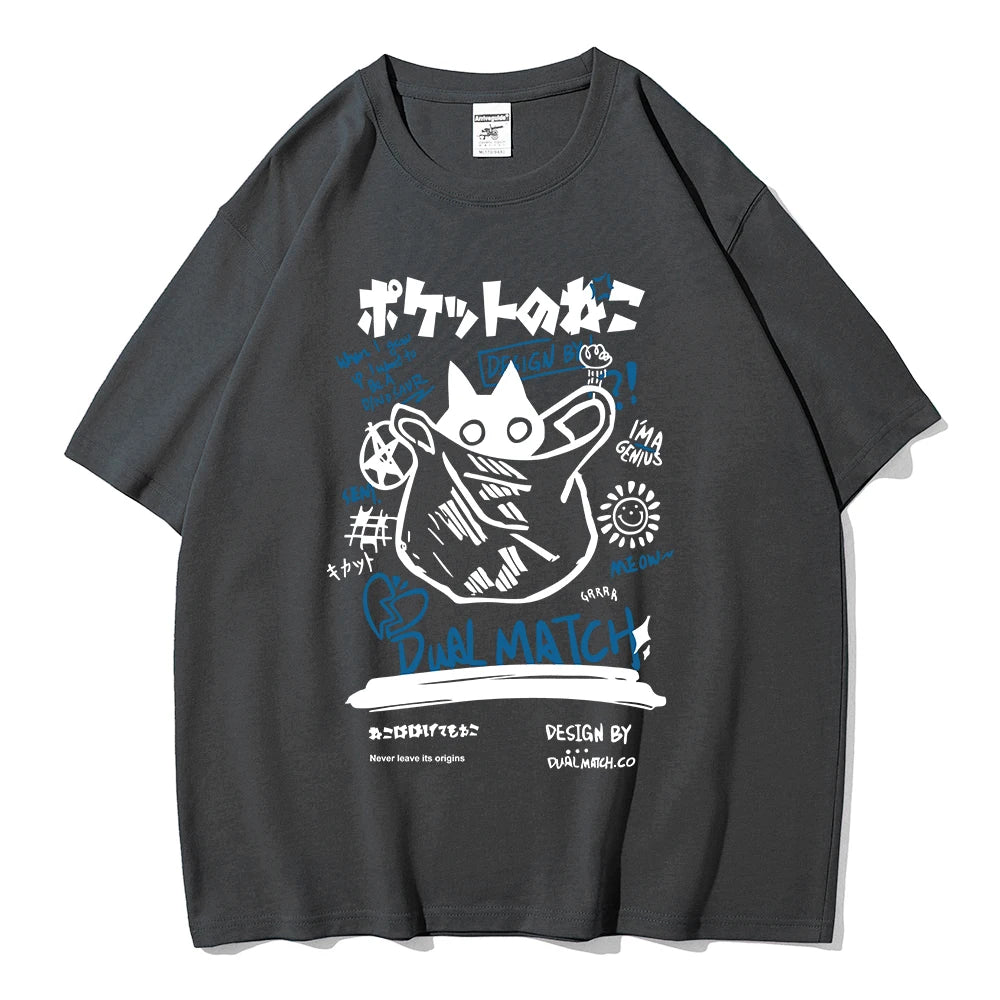 T-Shirt Chat Kawaii Harajuku — Couple Streetwear Y2K Manches Courtes 2024