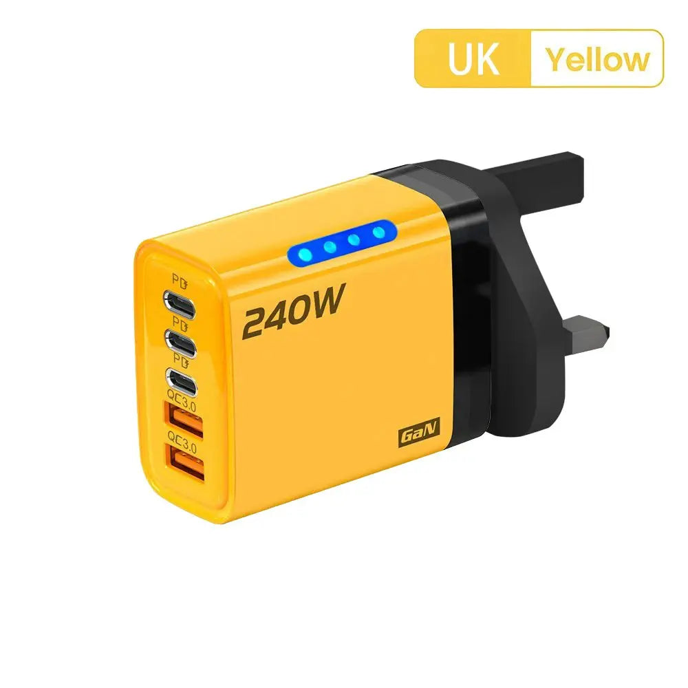 240W 5-in-1 GaN Phone Charger, 10A Fast Charging Adapter, USB to Type-C Cable, 3 PD Ports, 2 USB Ports, for iPhone 16 15 Pro, Xiaomi