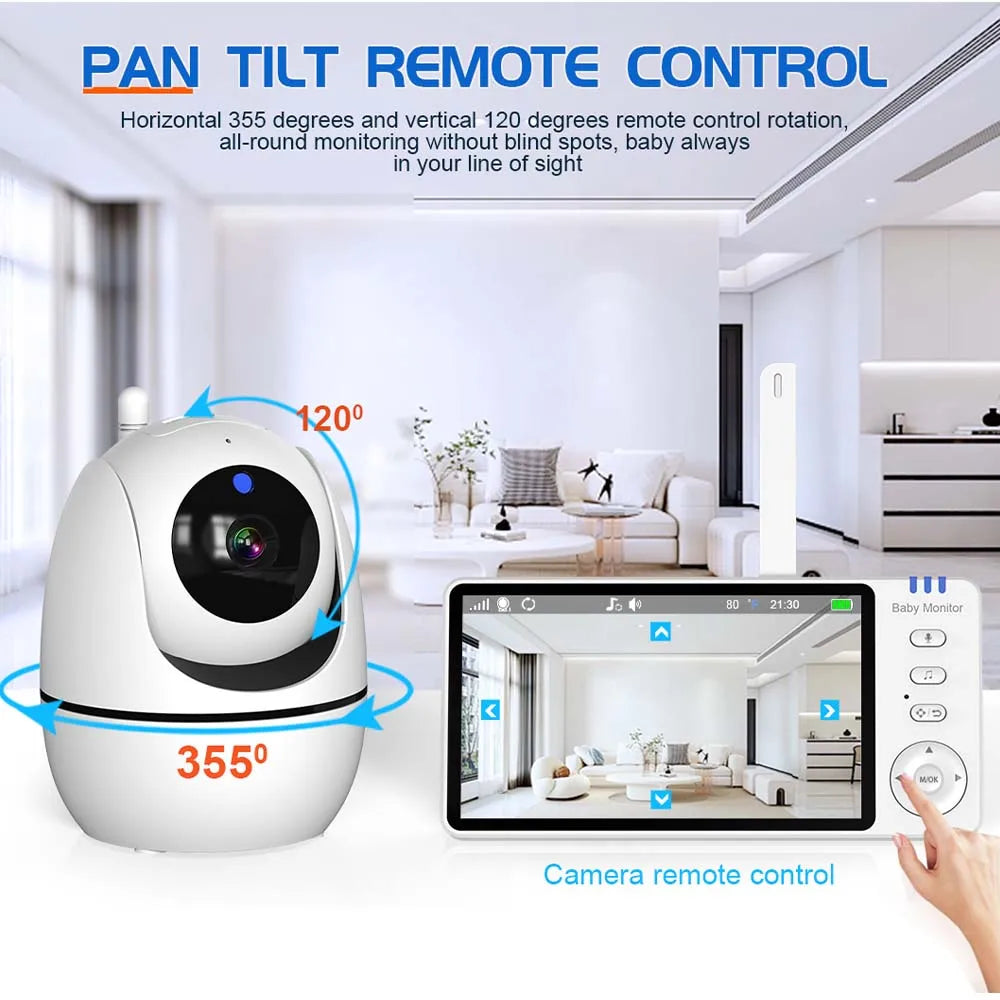 5-inch Video Baby Monitor with Camera, PTZ Zoom, Security Protection, Surveillance Cameras, Temperature Sensor, Lullaby