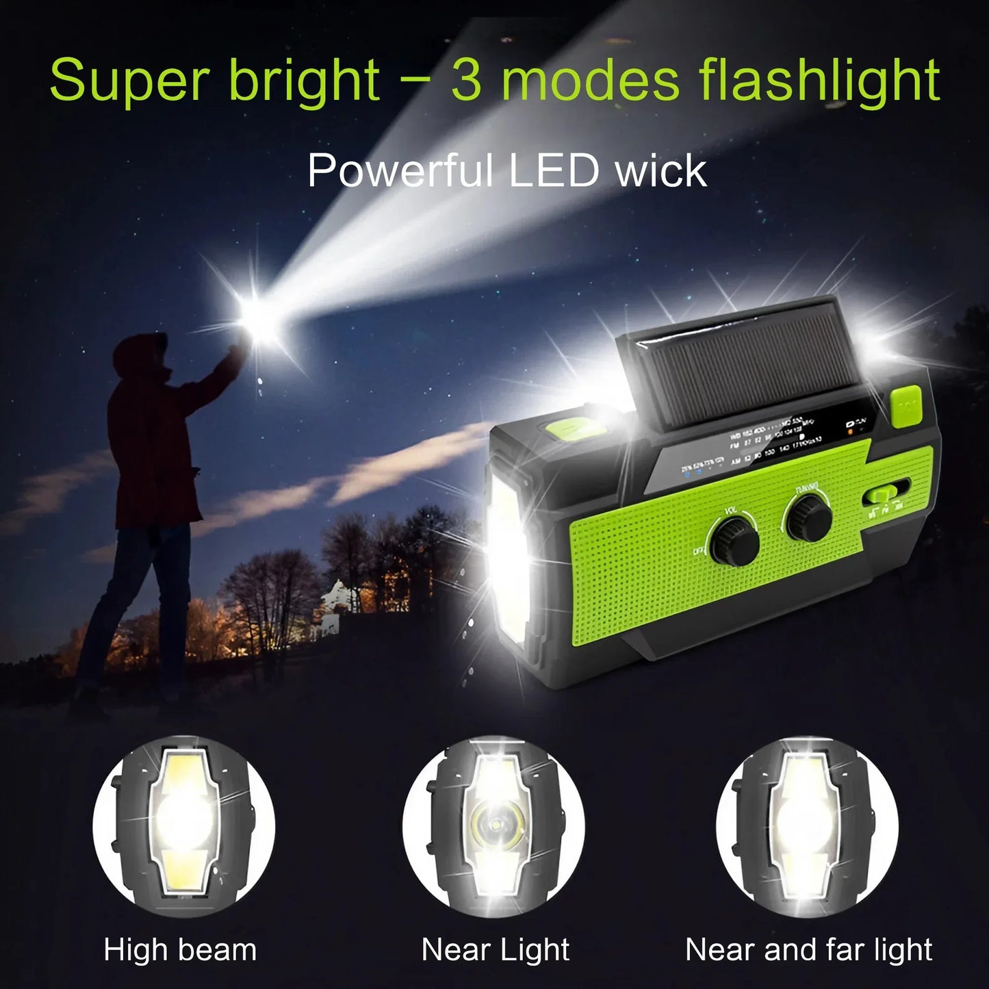 Radio météo d'urgence multifonctionnelle, FM AM WB, manivelle, charge USB solaire, batterie externe 2000mAh, lampe torche LED