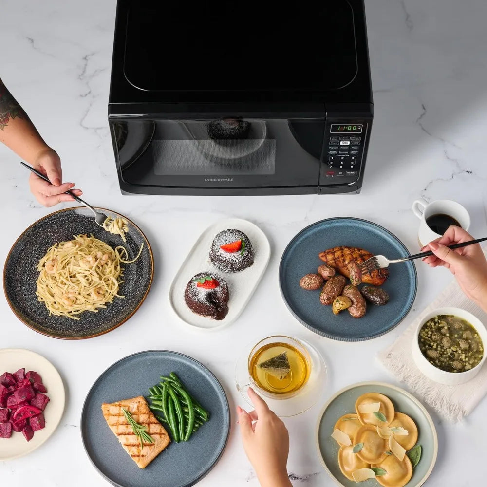 0.7 pies cúbicos Horno microondas de encimera – 700 W de potencia, programas de cocción automáticos, función de descongelación, fácil limpieza y bloqueo de seguridad para niños - Negro