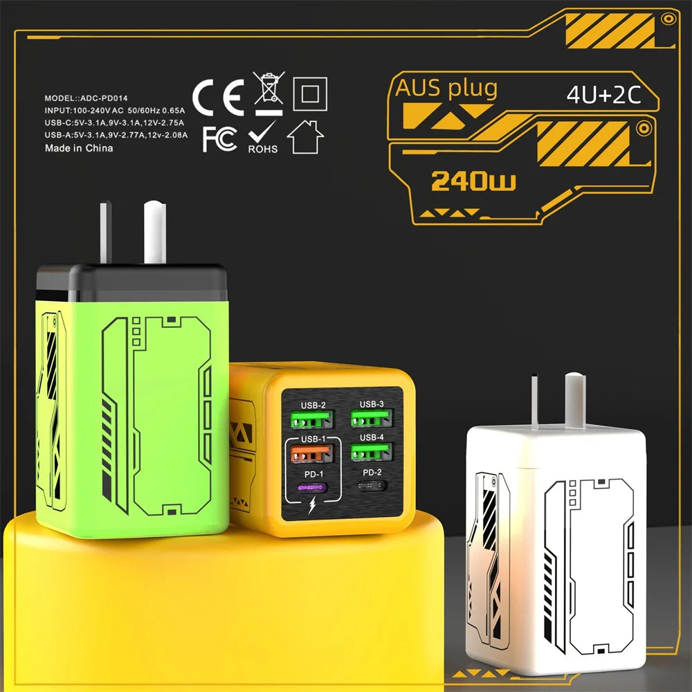 240W 6-Port USB Charger, Fast Charging Wall Adapter for iPhone Huawei Xiaomi, Travel Mobile Phone Charger, EU/US/UK Type C PD Plug