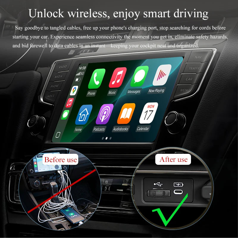 Adaptador Carplay inalámbrico 2 en 1, Android Auto, Dongle con cable a inalámbrico, caja inteligente AI, conexión automática, sistemas inteligentes para coche