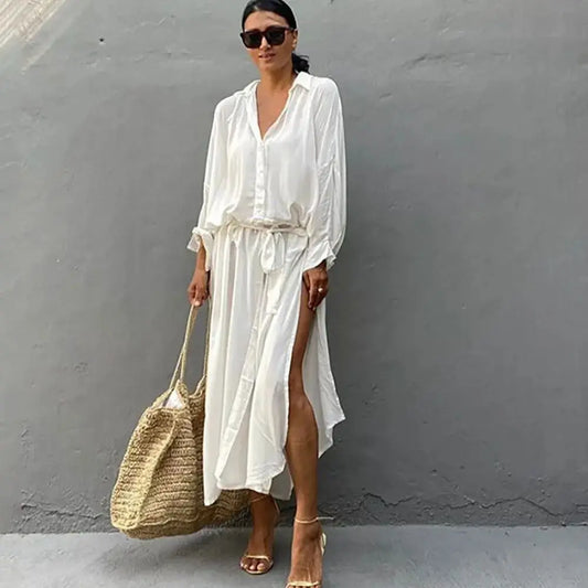 Robe de plage tunique cache-maillot pour femme 2026, en coton blanc uni, col montant, paréo, tenue de plage