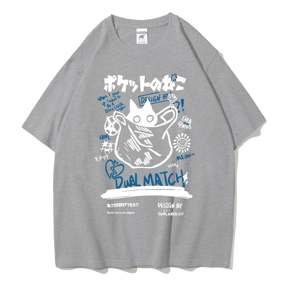 T-Shirt Chat Kawaii Harajuku — Couple Streetwear Y2K Manches Courtes 2024
