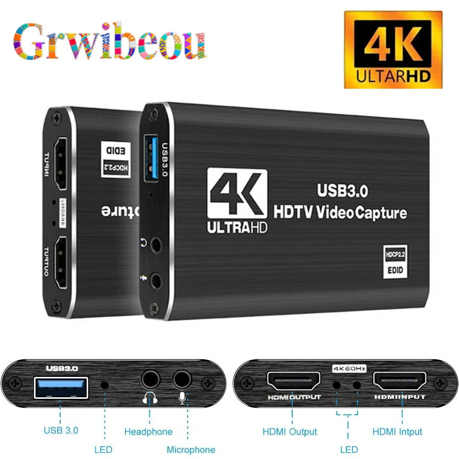 Carte d'acquisition vidéo 4K USB 3.0, enregistreur vidéo HD 1080P compatible HDMI, pour PC PS4 OBS, enregistrement de jeu, micro Audio