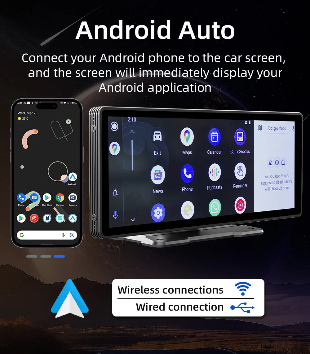 BQCC-Pantalla portátil inalámbrica Carplay, cámara trasera HD, autorradio DVR, reproductor de vídeo MP5, Android Auto, 10.26 pulgadas