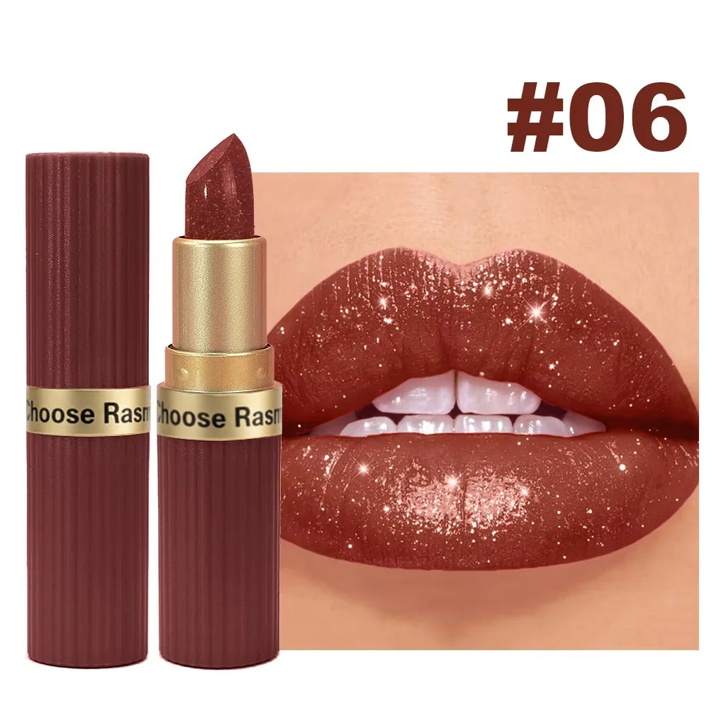 Rouge à lèvres velours rose nacré, métallique, imperméable, longue durée, mat, scintillant, diamant, maquillage cosmétique pour femmes