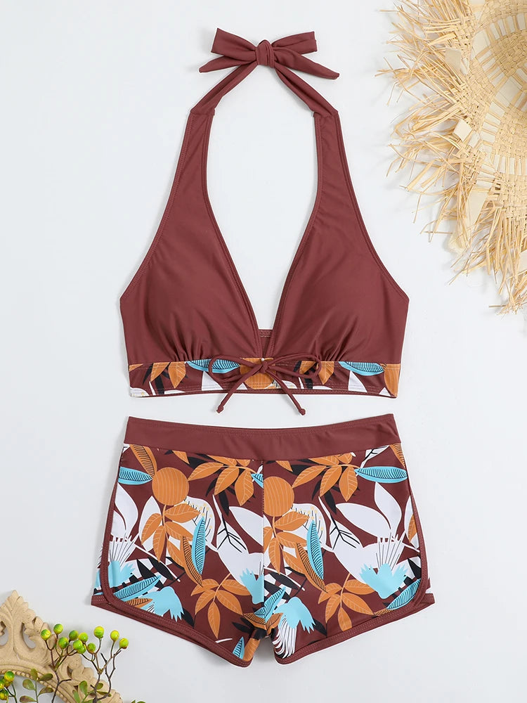 Ensemble de bikini halter 2026, maillot de bain court pour femme, maillot de bain taille haute imprimé, tenue de plage