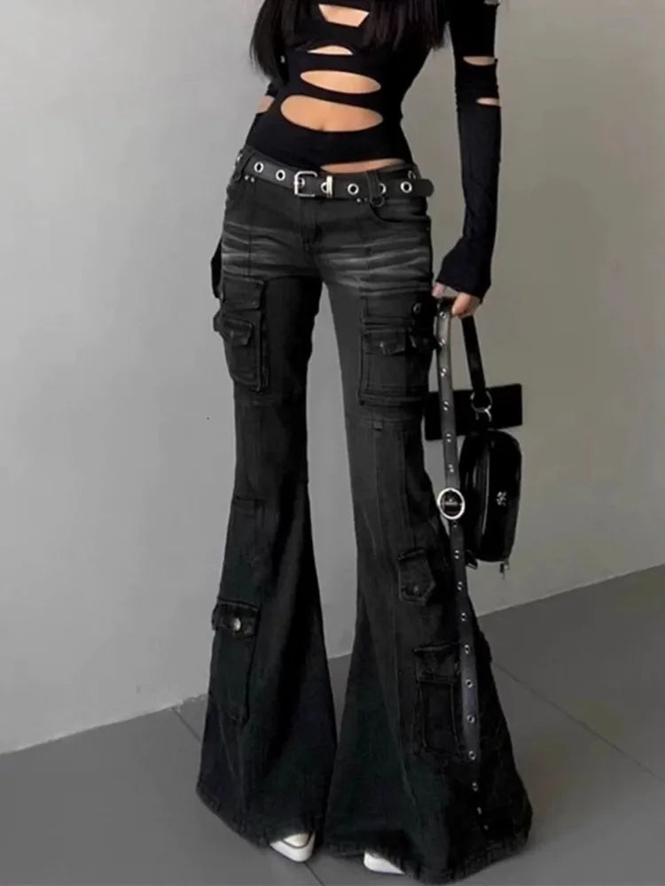 Pantalones vaqueros acampanados negros vintage delgados de 2025 Cyber Y2K Streetwear Cargo, ropa para mujer, pantalones de señora con múltiples bolsillos
