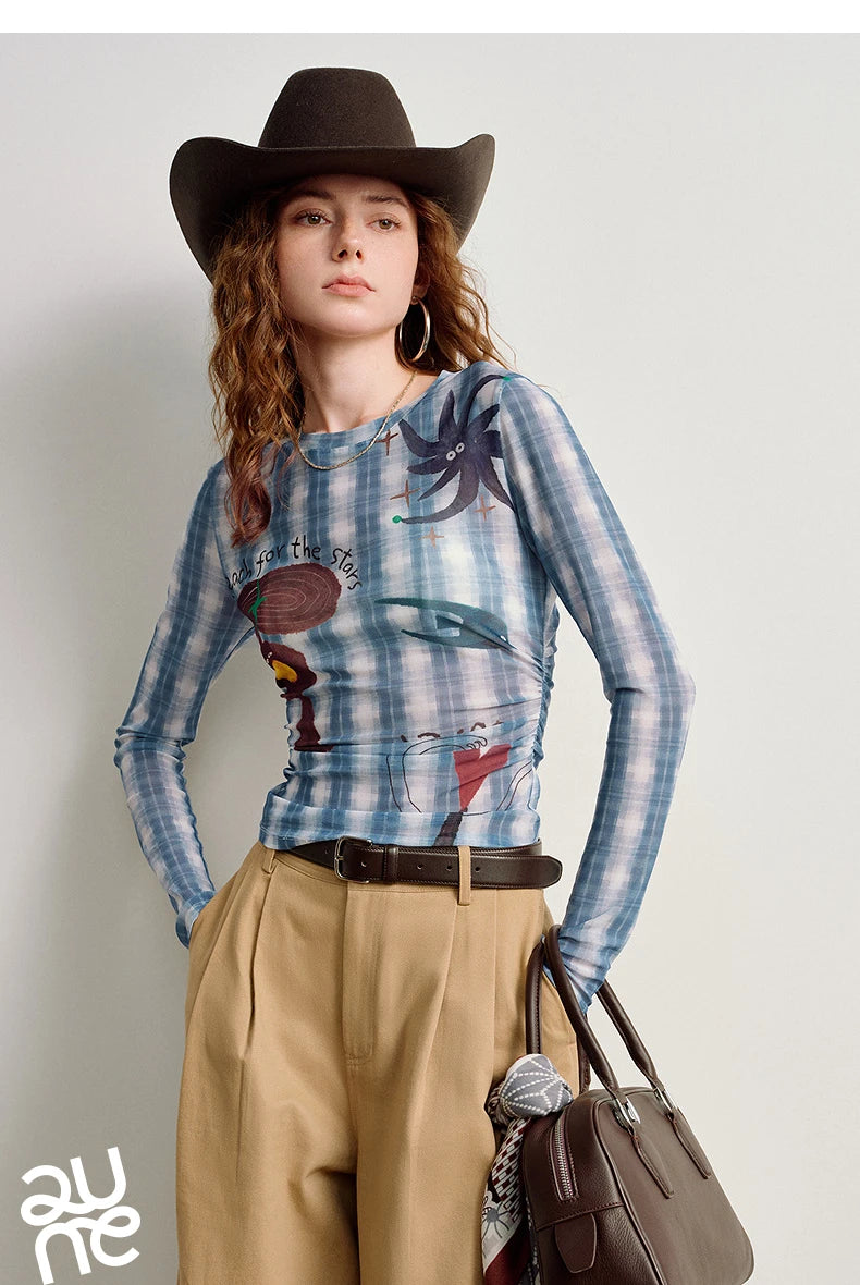 T-shirt femme en maille imprimé 2026 — printemps, taille découpée, Y2K, hauts courts