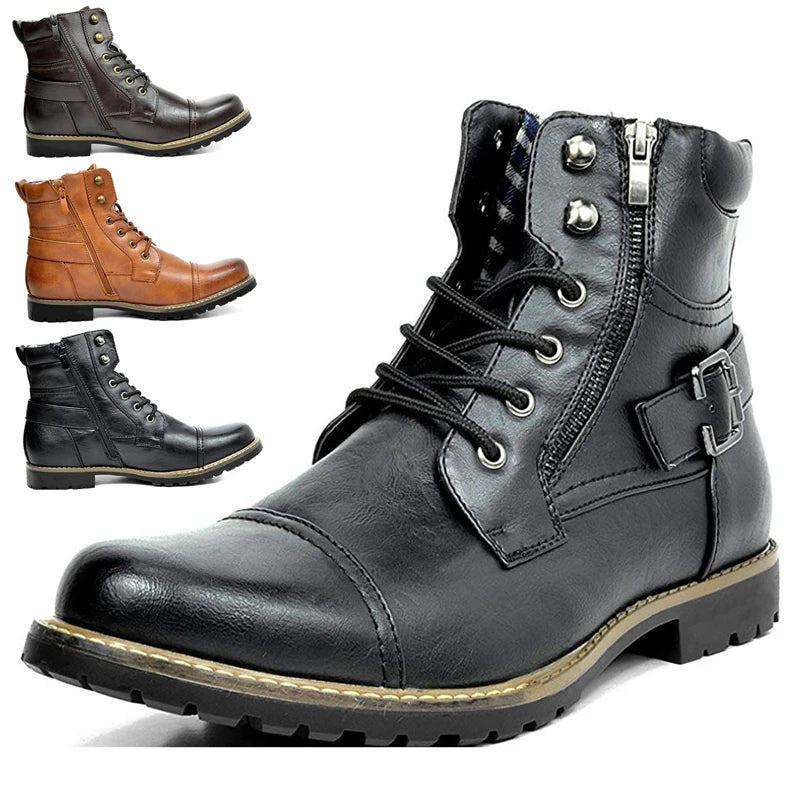 Bottines Moto Homme Cuir Double Zip Style Retro — Grande Taille EU 38–48