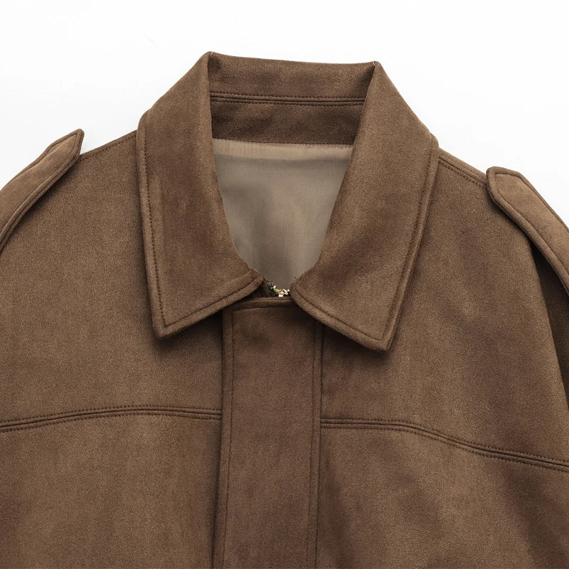 HXAO femmes Bomber veste revers fermeture éclair manches longues veste en daim femmes 2025 haute rue recadrée vestes de course manteaux vêtements d'extérieur
