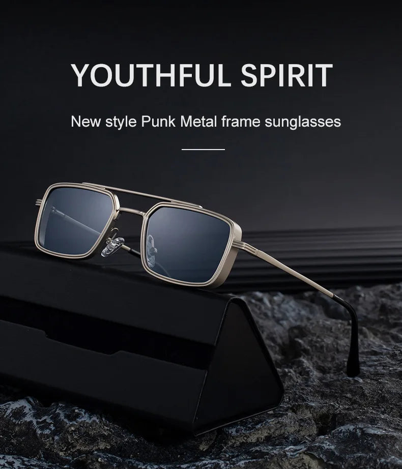 Lunettes de soleil carrées Steampunk hommes et femmes — punk, rétro, mode, vintage, 2025