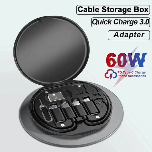 60W Multifunctional USB Type-C Data Cable Set Fast Charging for iPhone Xiaomi Charger Storage Box Adapter Card Pin Travel Box
