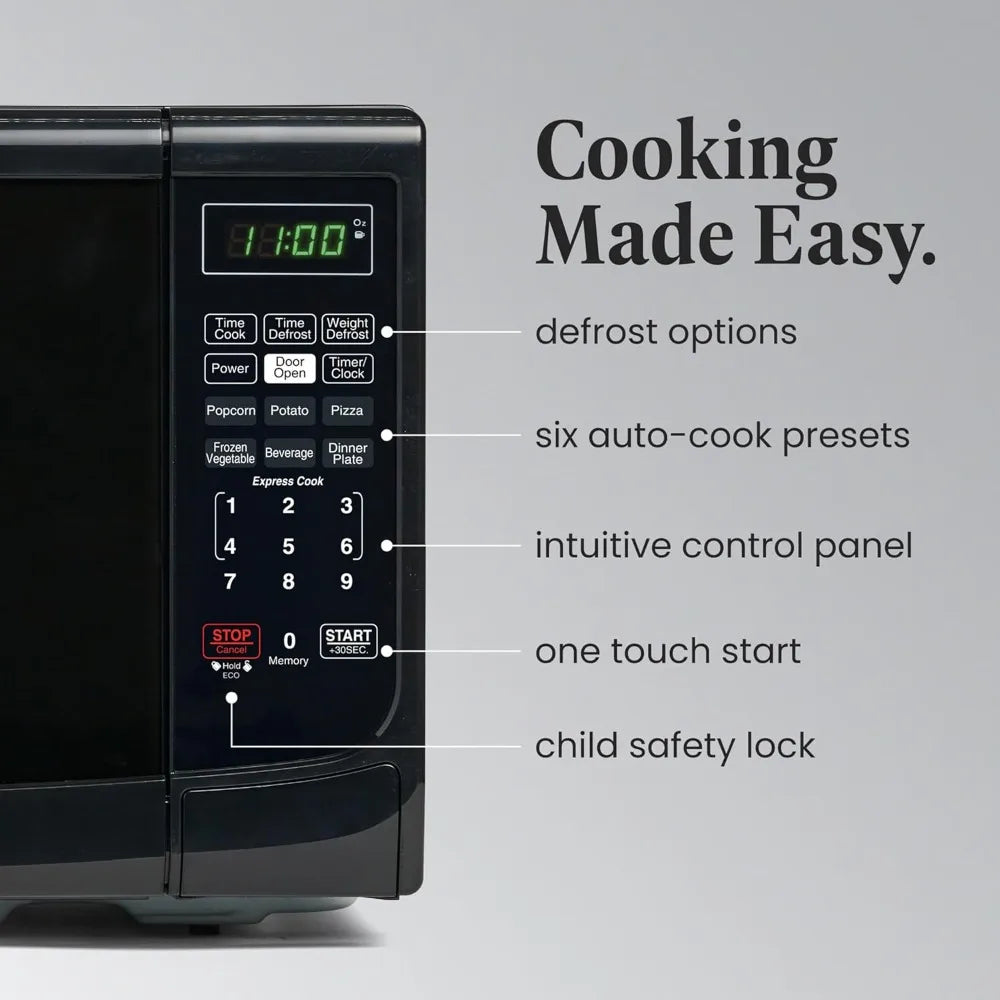0.7 pies cúbicos Horno microondas de encimera – 700 W de potencia, programas de cocción automáticos, función de descongelación, fácil limpieza y bloqueo de seguridad para niños - Negro