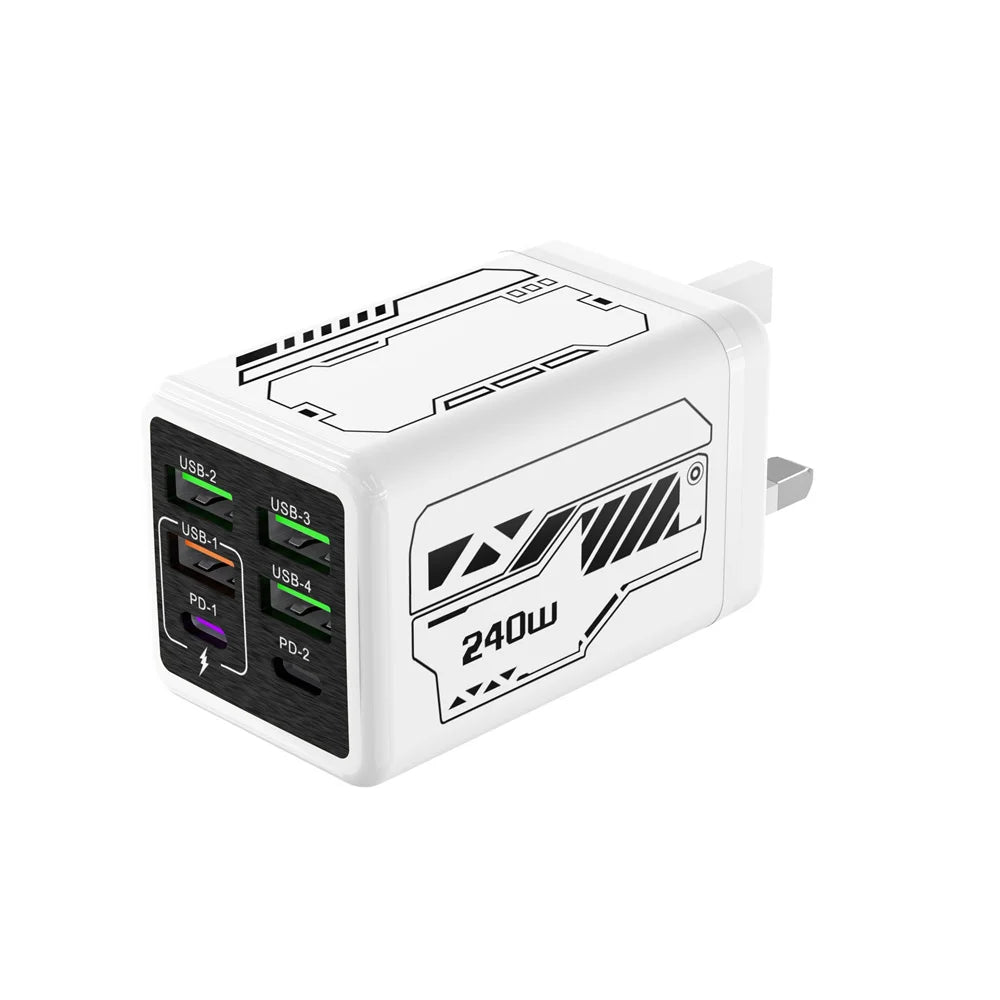240W 6-Port USB Charger, Fast Charging Wall Adapter for iPhone Huawei Xiaomi, Travel Mobile Phone Charger, EU/US/UK Type C PD Plug