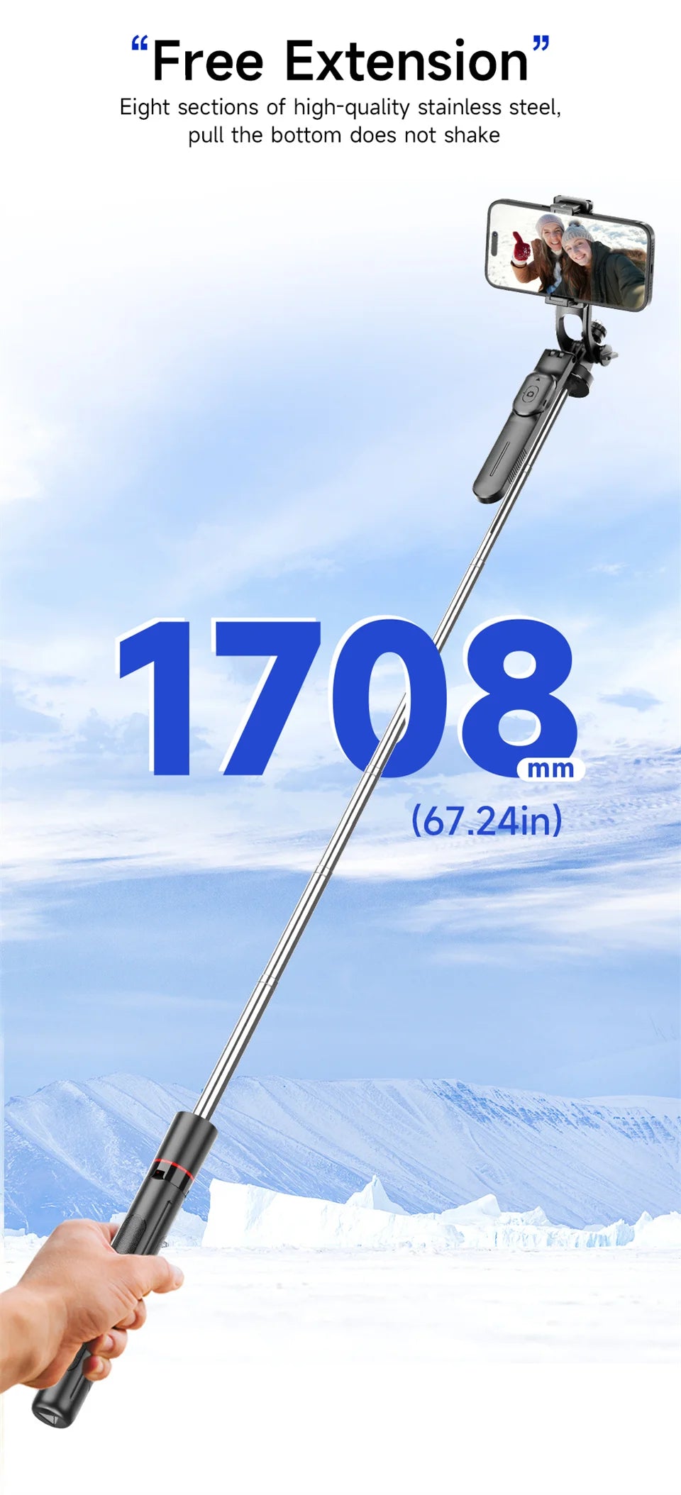 Trépied perche à selfie avec lumière de remplissage — 1708mm, télécommande Bluetooth, rotation 360°, interface 1/4