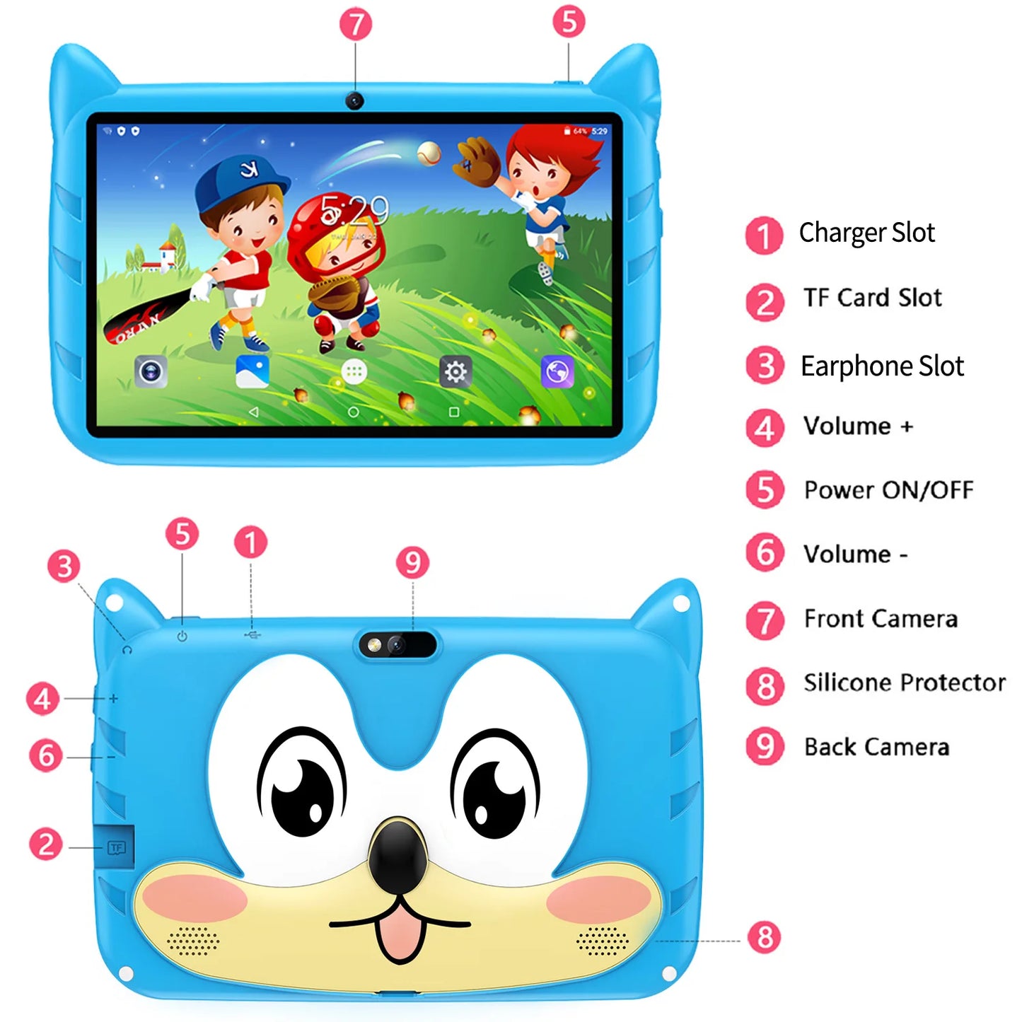 BDF-Tablet Android 13 para niños, extensión de 1 TB, 4 GB de RAM, 64 GB de ROM, WiFi 5G, batería de 4000mAh, cámara turística, regalo para niños, software para niños, 7 pulgadas