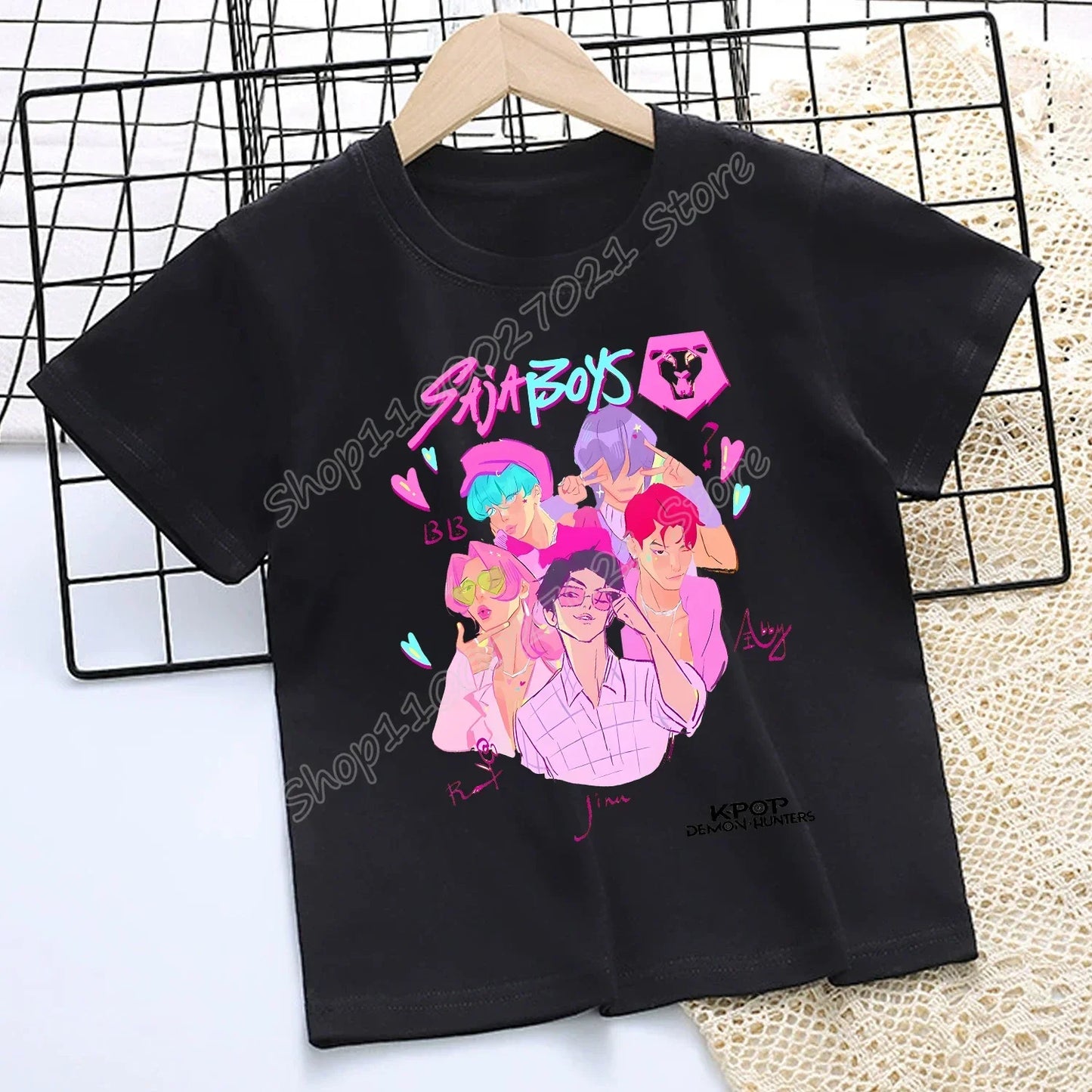 Camiseta de K-Pop Demon Hunters para niños, camiseta negra de dibujos animados para niñas, cuello redondo, ropa de manga corta