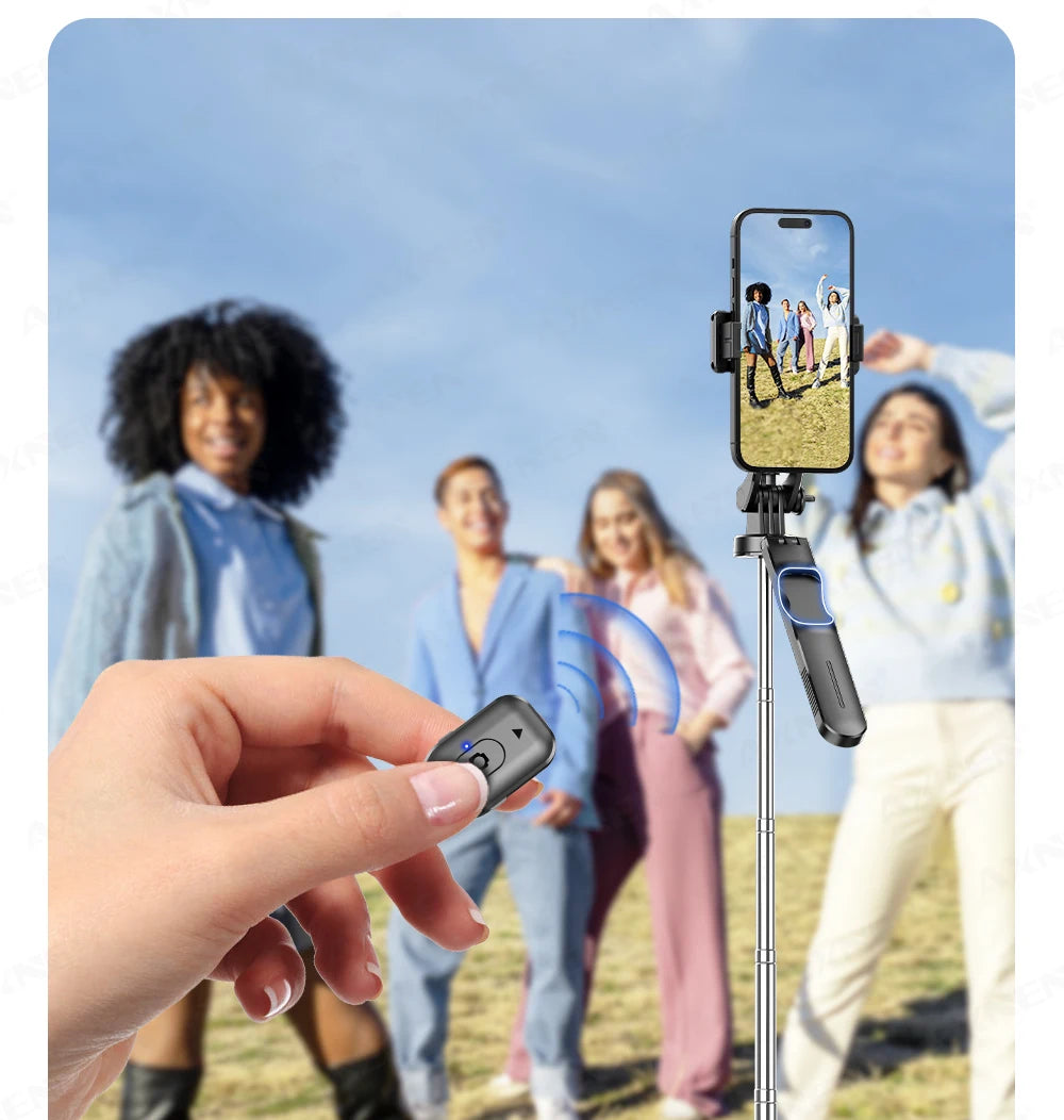Perche à selfie trépied 1708mm avec télécommande Bluetooth — rotation 360°, interface 1/4", lumière optionnelle