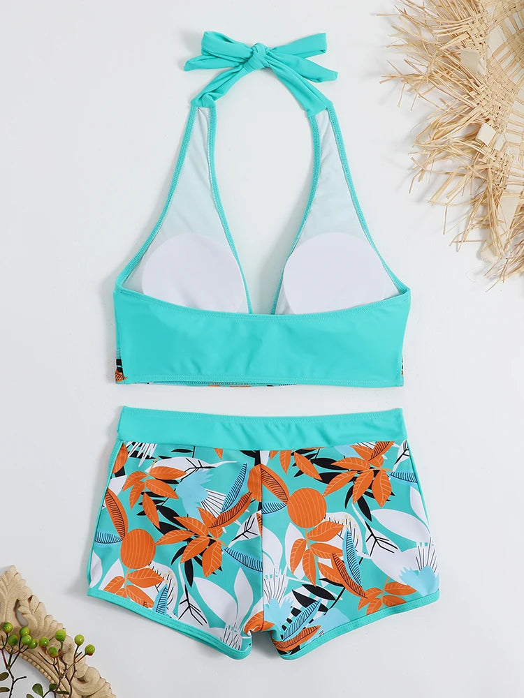 Ensemble de bikini halter 2026, maillot de bain court pour femme, maillot de bain taille haute imprimé, tenue de plage