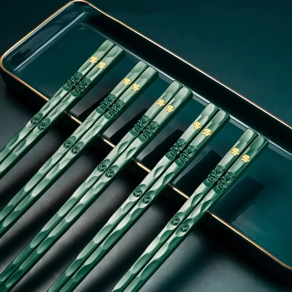Reusable Chinese Chopsticks, 5 Pairs, Non-slip Alloy Food Sushi Sticks, Dishwasher Safe, Food Grade Bamboo-shaped Chopsticks