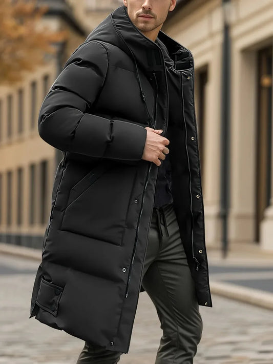 Abrigo de invierno grueso para hombre, chaqueta cortavientos para clima frío con cremallera completa, formalidad larga con capucha, bolsillos delanteros grandes