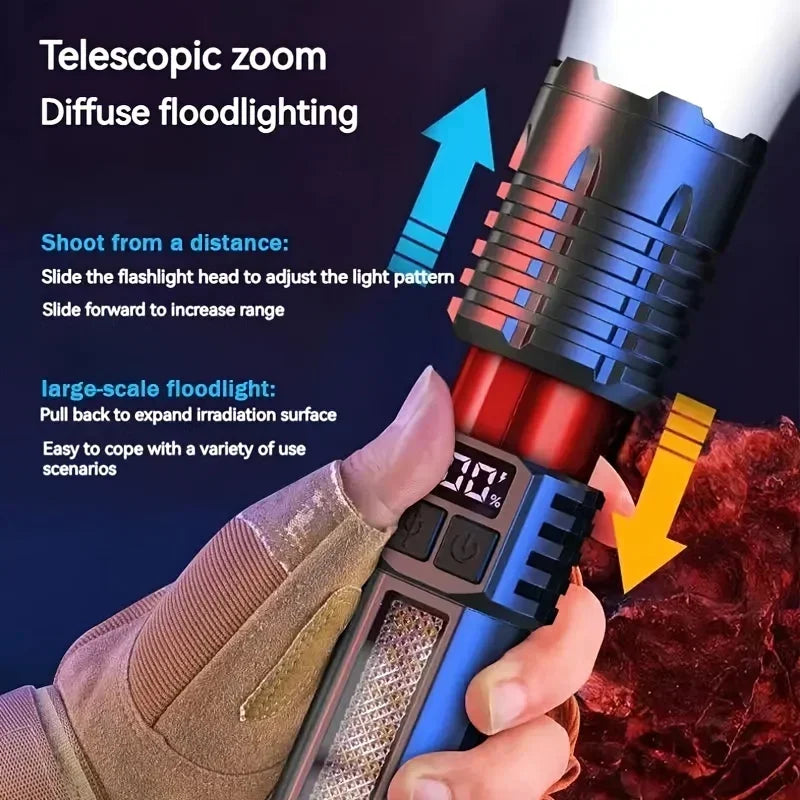 High Power LED Flashlight, Type-C Rechargeable Waterproof Torch with COB Side Light, Portable Zoom Outdoor Lamp for Camping and Hiking