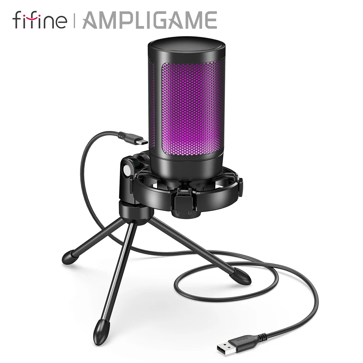 FIFINE AmpliGame A2 – Microphone USB gaming RGB avec sourdine tactile et trépied pour PC, PS4/5 et laptop