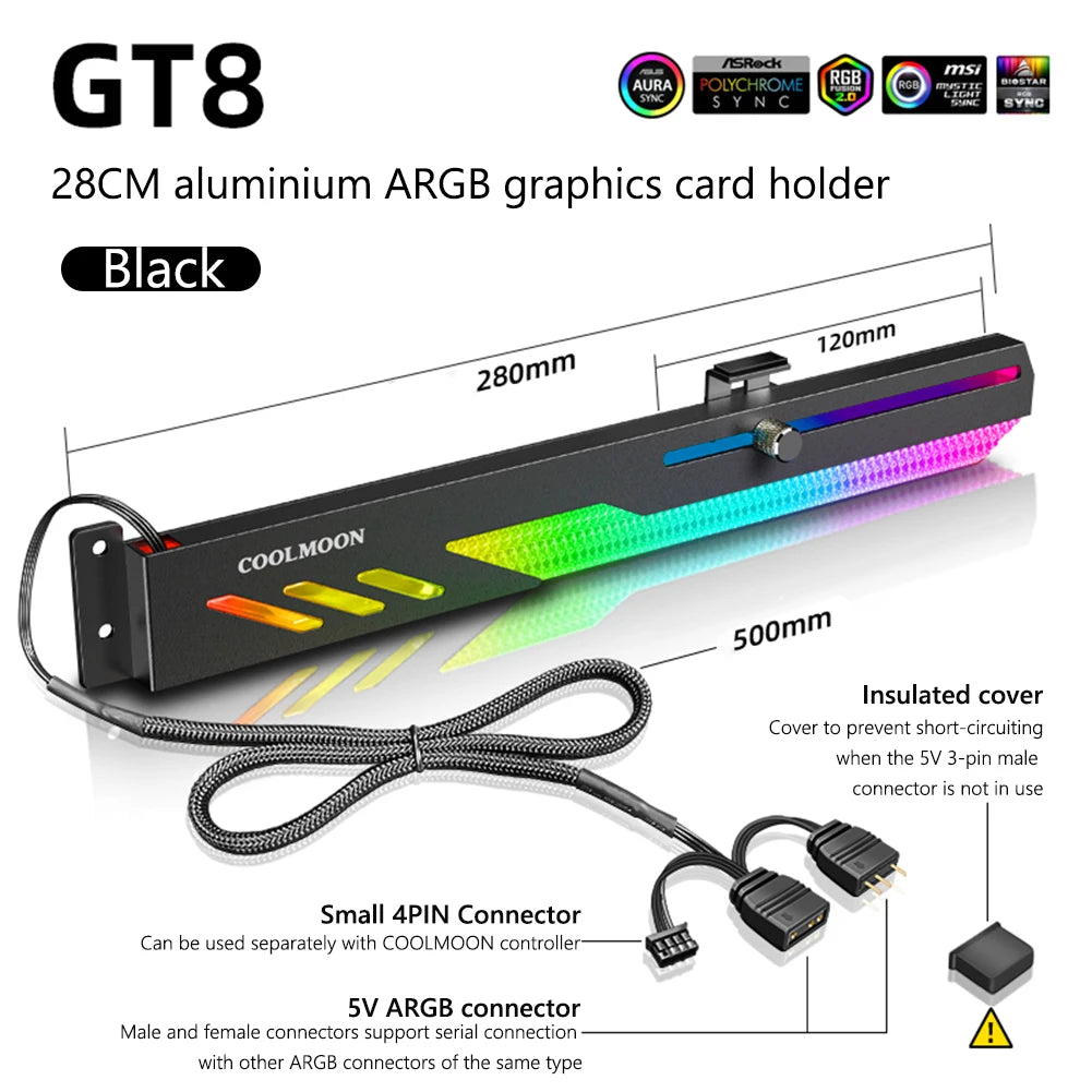 COl'hyMOON-Support de carte vidéo pour ordinateur, support GPU horizontal GT8, support de boîtier PC, kit de refroidissement, 5V ARGB