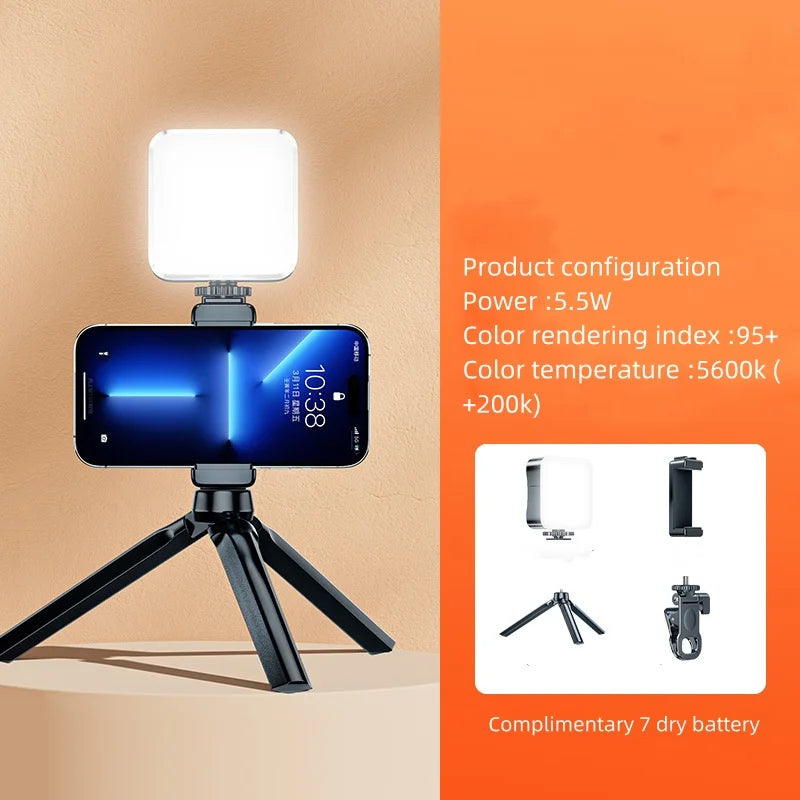 Lumière de remplissage portable avec pince, trépied et perche – Éclairage réglable pour selfie et vidéo