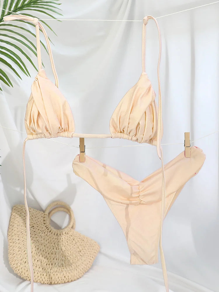 Sexy plis Bikini ensemble solide Micro Bikinis femmes maillot de bain femme Triangle maillots de bain vêtements de plage maillot de bain