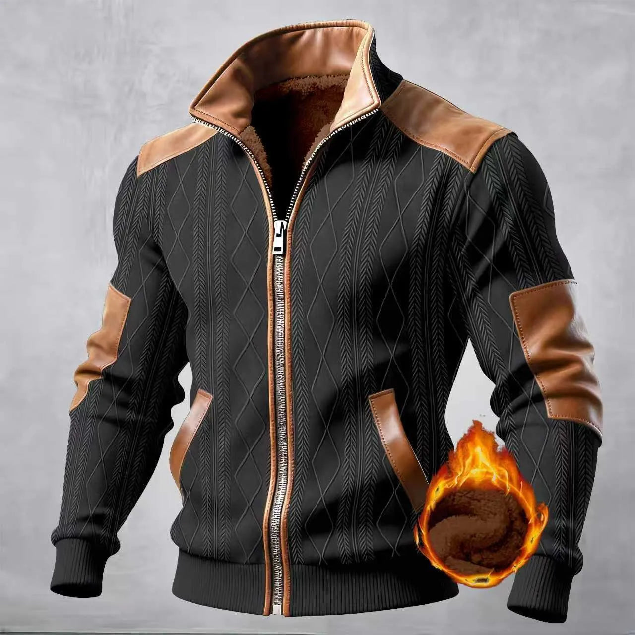 Chaqueta casual para hombre, textura texturizada, patchwork jacquard, moda, cuello alto, cálida y cómoda, invierno
