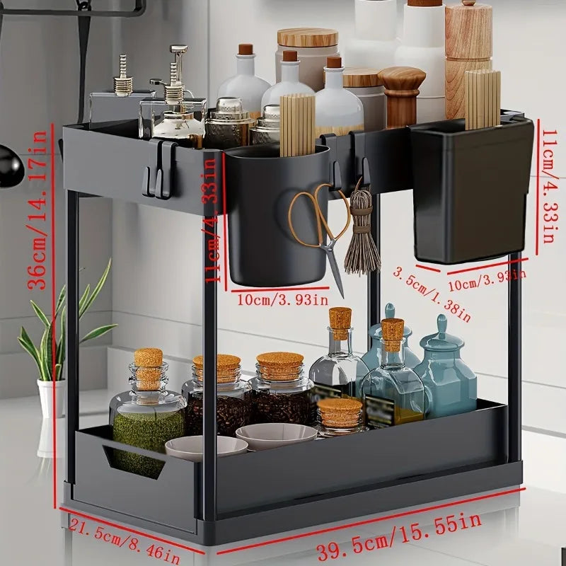 2-Tier Multifunction Kitchen Sink Organizer, Sliding Cabinet Basket with Hooks, Hanging Cup, New Space-Saving Stand for Bathroom and Kitchen