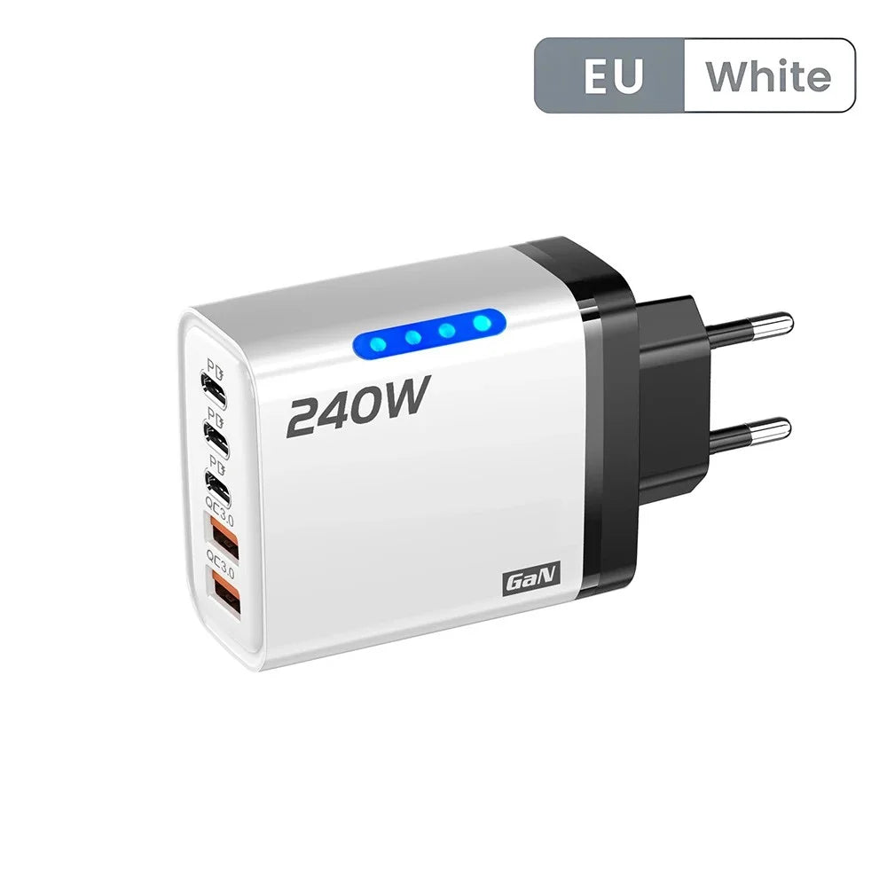 240W 5-in-1 GaN Phone Charger, 10A Fast Charging Adapter, USB to Type-C Cable, 3 PD Ports, 2 USB Ports, for iPhone 16 15 Pro, Xiaomi